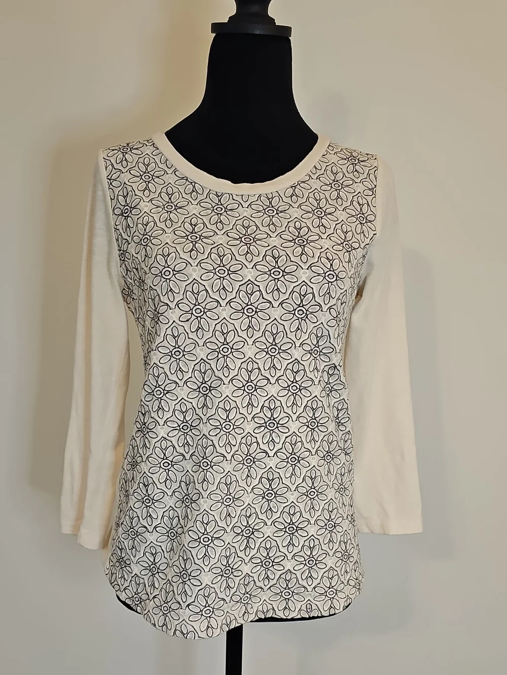 J.Crew Cream & Black Floral Crochet Lace Front Long Sleeve Top - Size Small